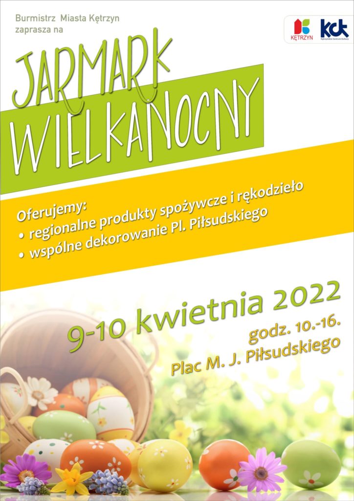 Szukacie pomysłu na wielkanocne udekorowanie domu? Jarmark Wielkanocny w Kętrzynie to doskonała okazja do zaopatrzenia się w wyjątkowe ozdoby świąteczne. 🐣🌷 W sobotę i niedzielę, 9 i 10 kwietnia pod Ratuszem pojawią się m.in. stroiki, ciasta, wędliny i wszystko co kojarzy się z Wielkanocą. Na wydarzenie zaprasza Burmistrz Miasto Kętrzyn Ryszard Henryk Niedziółka Planując świąteczne zakupy warto pomyśleć o odwiedzeniu kętrzyńskiego placu, gdzie na urokliwych stoiskach już od 9 kwietnia (sobota) kilkunastu wystawców będzie oferować swoje produkty. Wśród nich z pewnością nie zabraknie okolicznościowego rękodzieła i pysznych regionalnych specjałów. Jarmark potrwa do 10 kwietnia (niedziela) a domki handlowe otwarte będą w godzinach 10.00 – 16.00. Formuła prezentowania świątecznych obrzędów i stołów poprzez jarmark ma na celu promocję tradycyjnych i regionalnych wyrobów, jak również uświadomienie mieszkańcom istoty kultywowania zwyczajów wielkanocnych w życiu Polaków.  🍯🐥🌷🌻👨‍👩‍👧‍👦🐰🌺 Jarmark Wielkanocny Termin: 9-10 kwietnia od godz. 10.00 do 16.00 Miejsce: Plac Marszałka Józefa Piłsudskiego  Serdecznie zapraszamy!