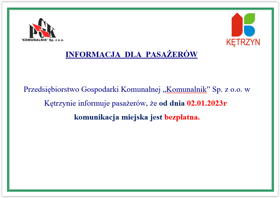 Od dziś komunikacja miejska jest bezpłatna!  Do 5 lutego autobusy poruszają się według dotychczasowego rozkładu jazdy. Nowy rozkład jazdy, który będzie obowiązywał od 6 lutego zostanie zaprezentowany niebawem.